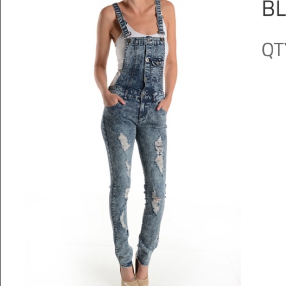 Blue Jean Stonewashed Distressed Jumper Overalls